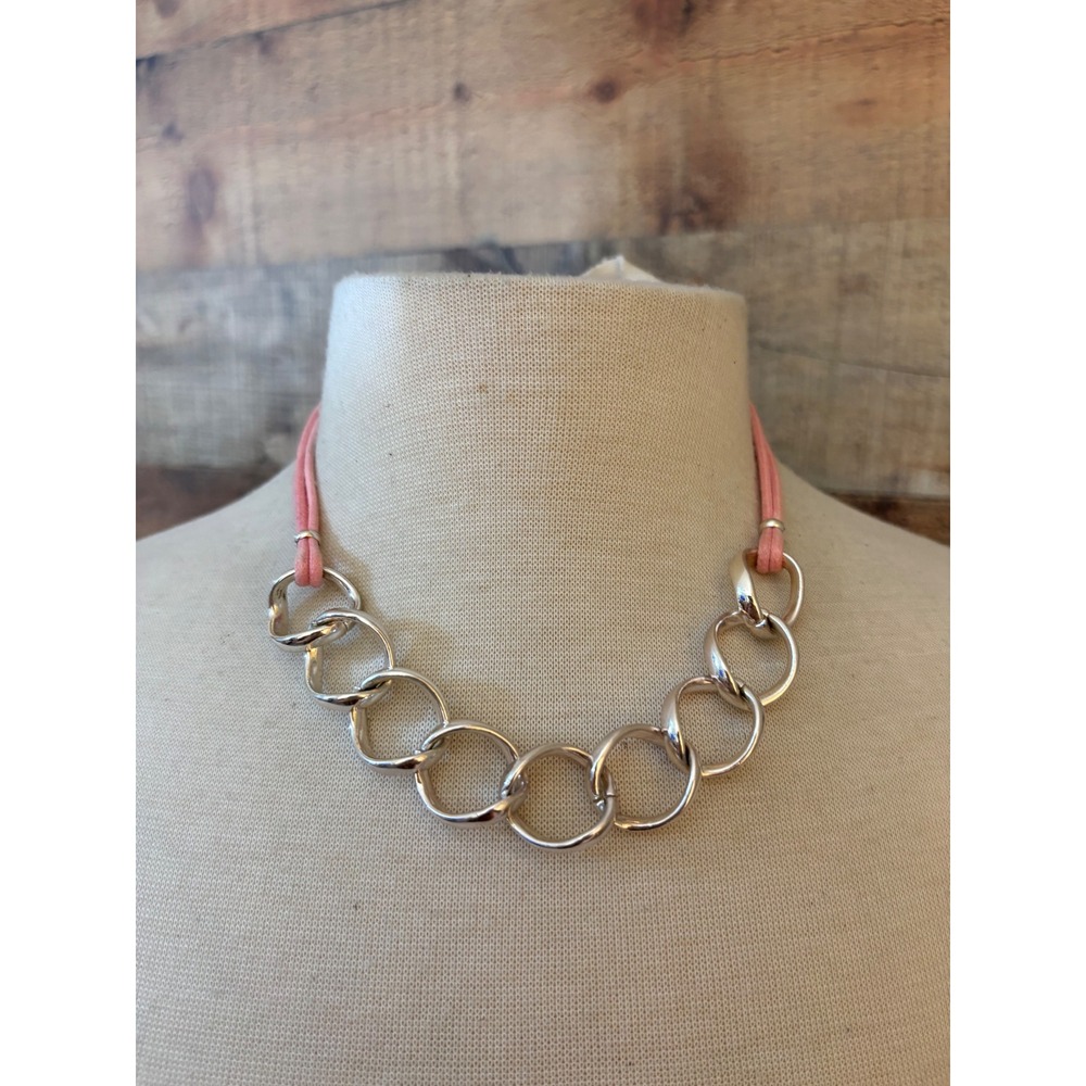 Womens Pink Cord Silver Tone Interlocking Ring Bib Statement Necklace